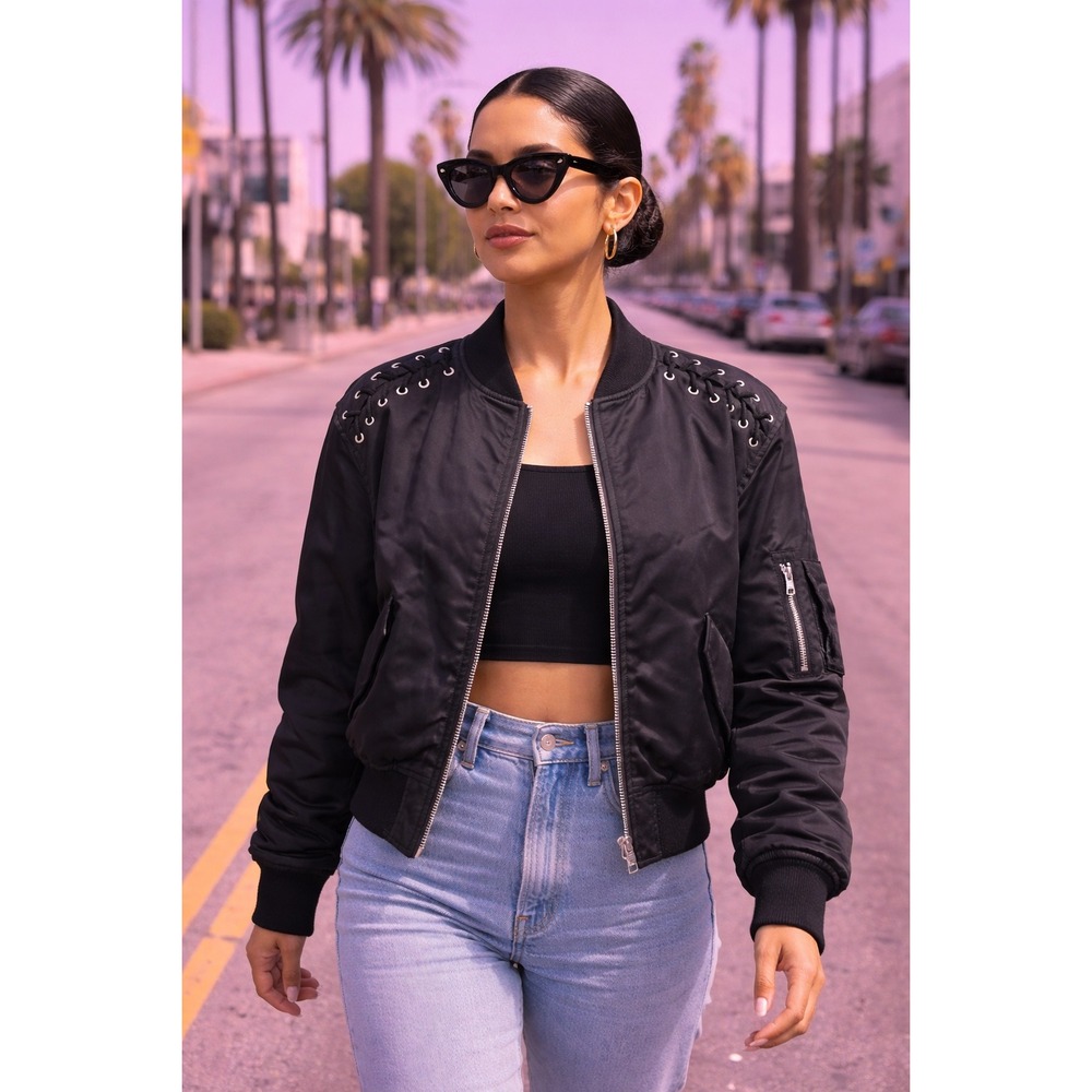 AllSaints‎ Kensie Bomber Jacket Black Lace Up Shoulder Satin Flight Jacket XS